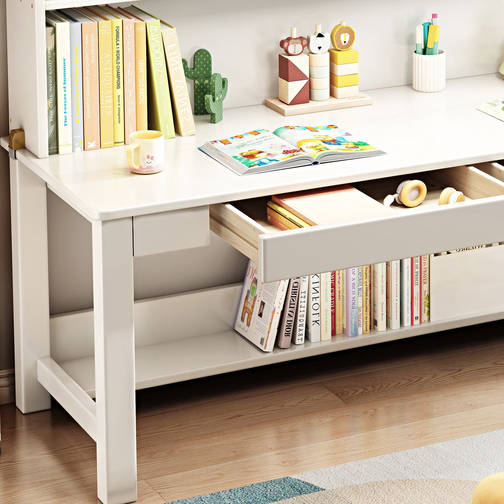 BALANBO Solid Wood Kids Desk and Chair Set with Hutch,Study Computer Desk with Drawers, Extra Large Two Person Study Desk Writing Table, Student White Desk with Bookshelf for Bedroom,Study Room,White