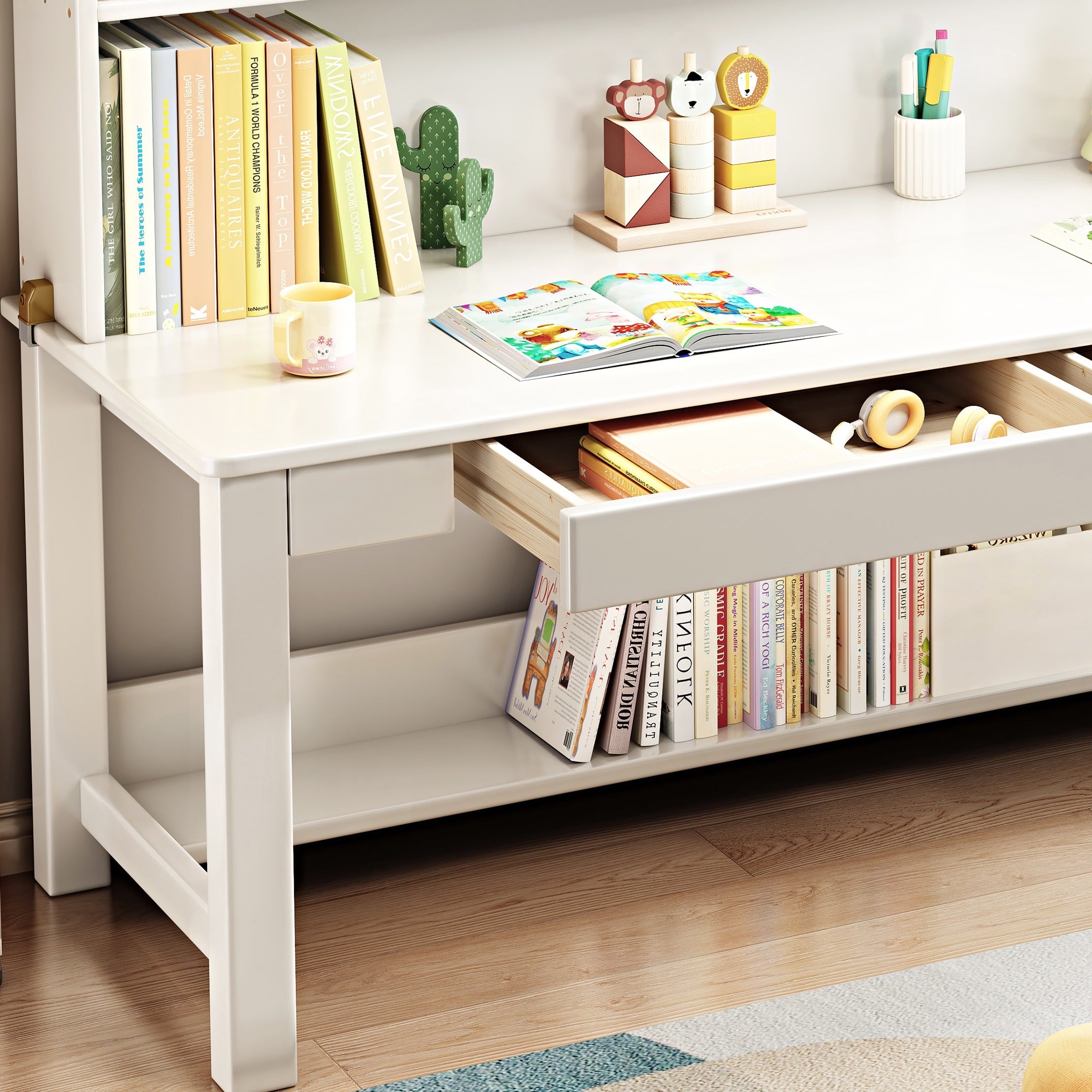 BALANBO Solid Wood Kids Desk and Chair Set with Hutch,Study Computer Desk with Drawers, Extra Large Two Person Study Desk Writing Table, Student White Desk with Bookshelf for Bedroom,Study Room,White