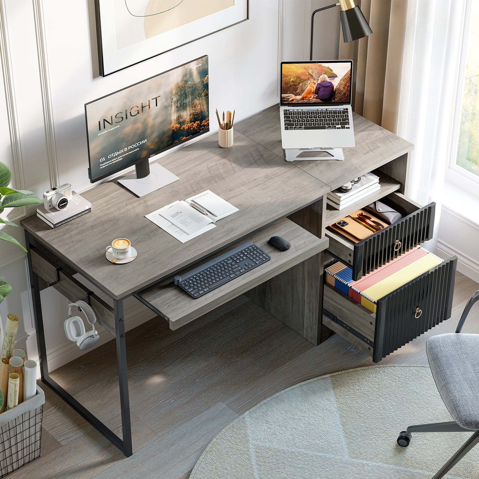 Bestier 55 Inch Office Desk with Drawers, Keyboard Tray, 2 Hooks, Modern Fluted Computer Desk for Home, Grey