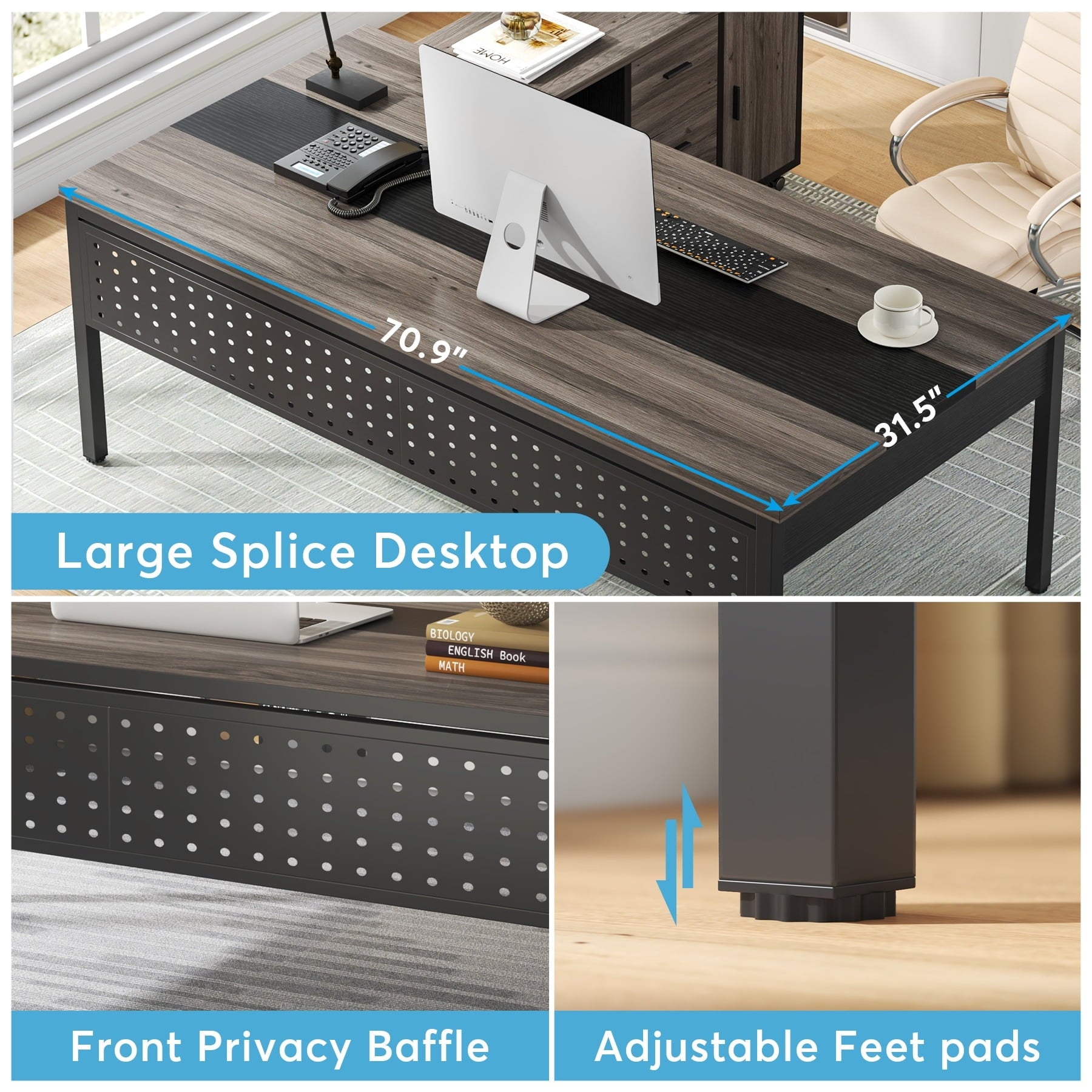 1Easylife Modern Executive Desk, 70.8'' Computer Desk with 47 inch Lateral File Cabinet for Home Office Gray and Black