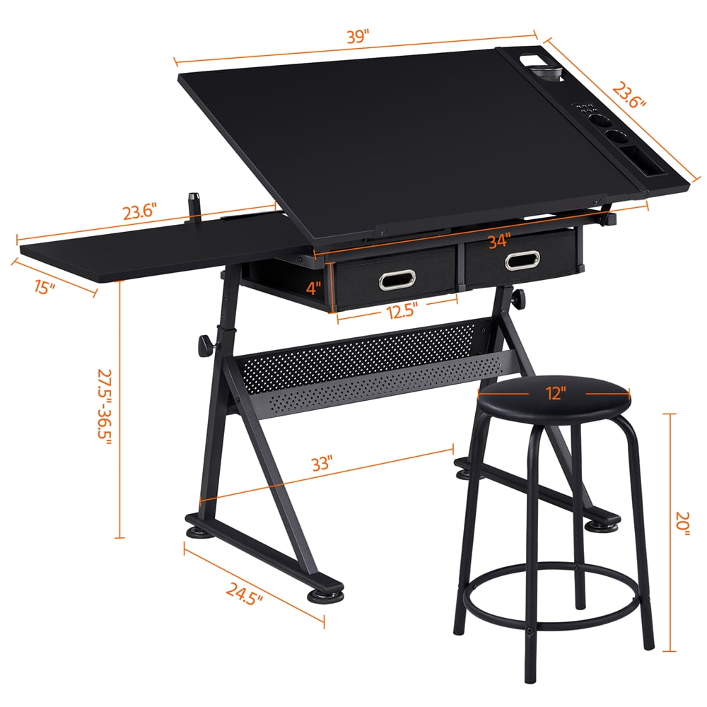 Alden Design Adjustable Drafting Table with Stool, Black