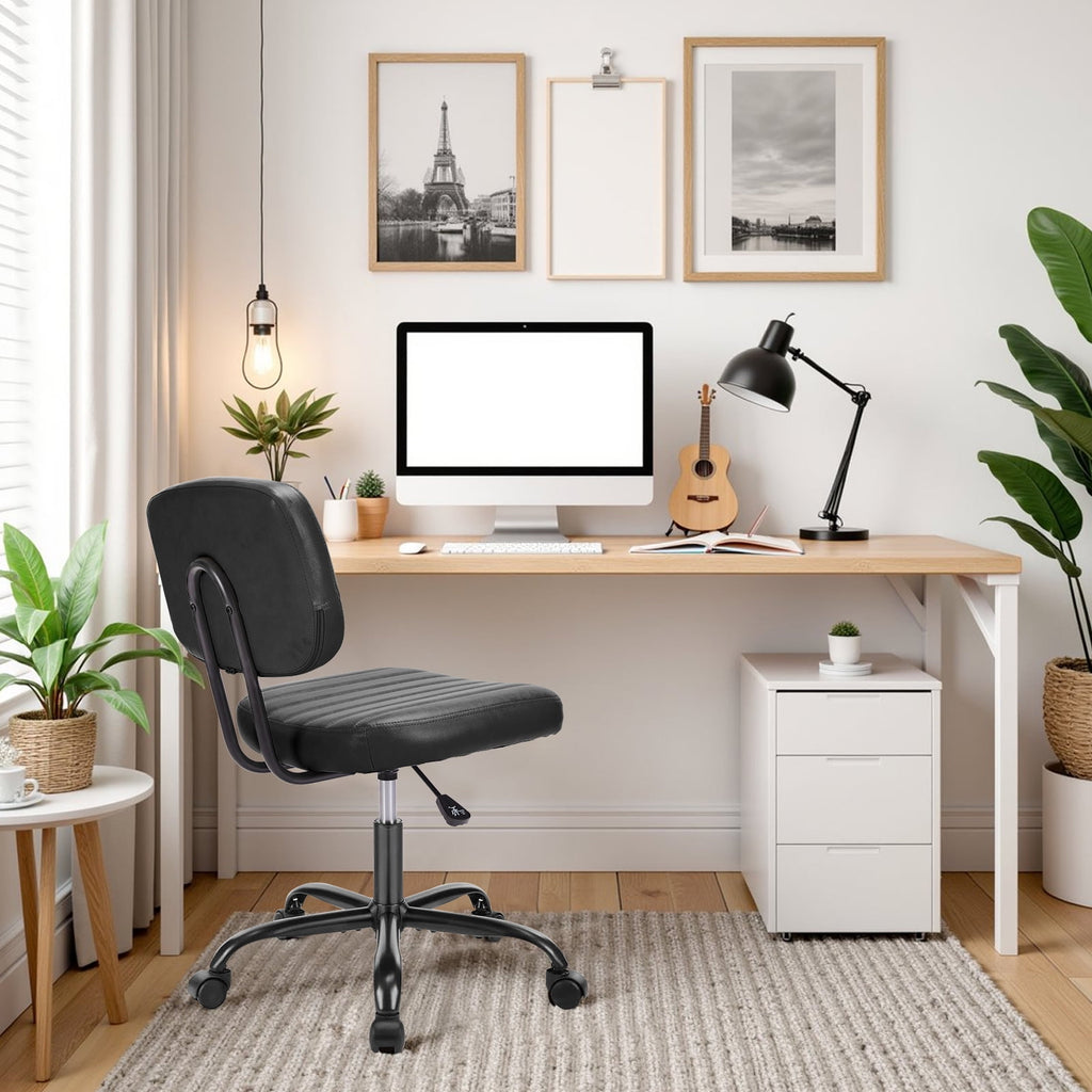 Cute Task Chair, Adjustable Armless Activity Chair with Wheels, Comfy Low Back Swivel Desk Chair, Black