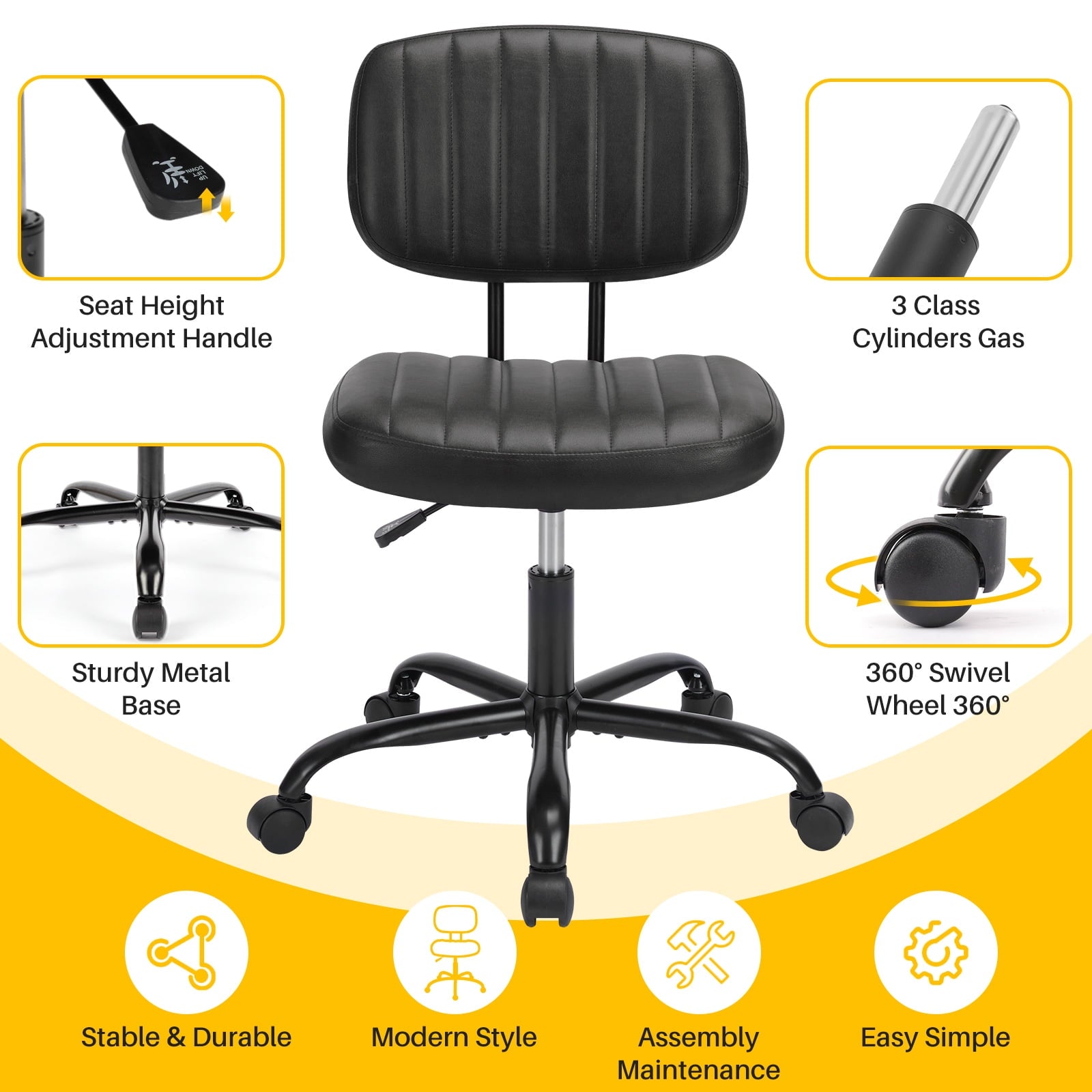 Cute Task Chair, Adjustable Armless Activity Chair with Wheels, Comfy Low Back Swivel Desk Chair, Black
