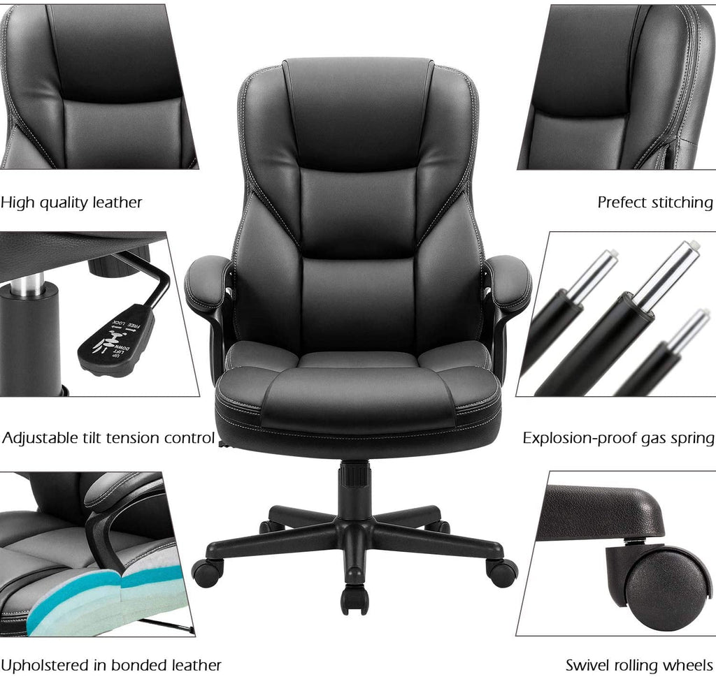 Vineego High Back PU Leather Executive Office Desk Chair Adjustable Business Manager’s Chair Ergonomic swivel Computer Chair with Lumbar Support and Armrest, Black