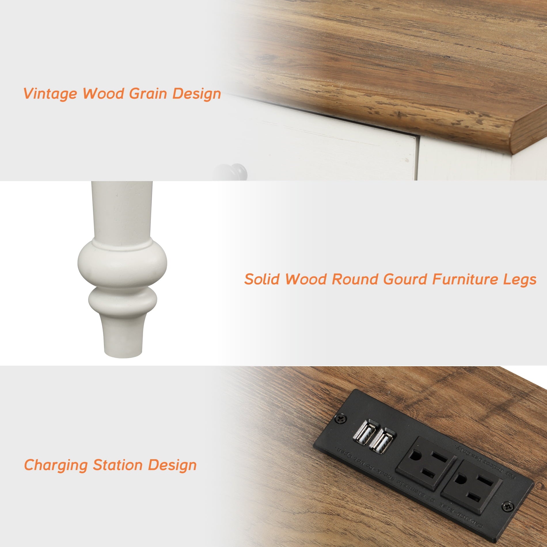 Farmhouse Executive Desk with 5 Drawers, Home Office Desk with Charging Station, Wooden Computer Desk with File Cabinet Storage, Door, Open Shelf for Work and Study, White, 56 inch