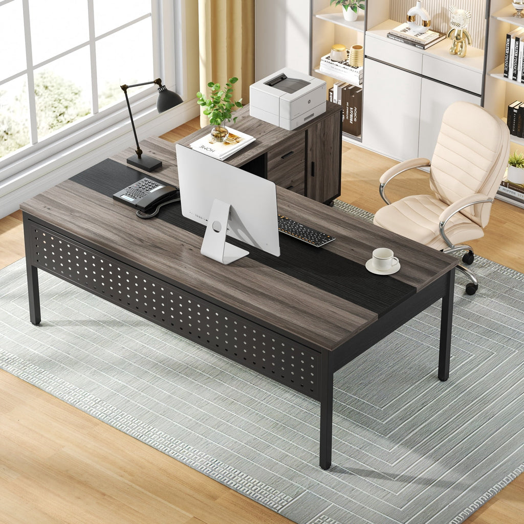 1Easylife Modern Executive Desk, 70.8'' Computer Desk with 47 inch Lateral File Cabinet for Home Office Gray and Black