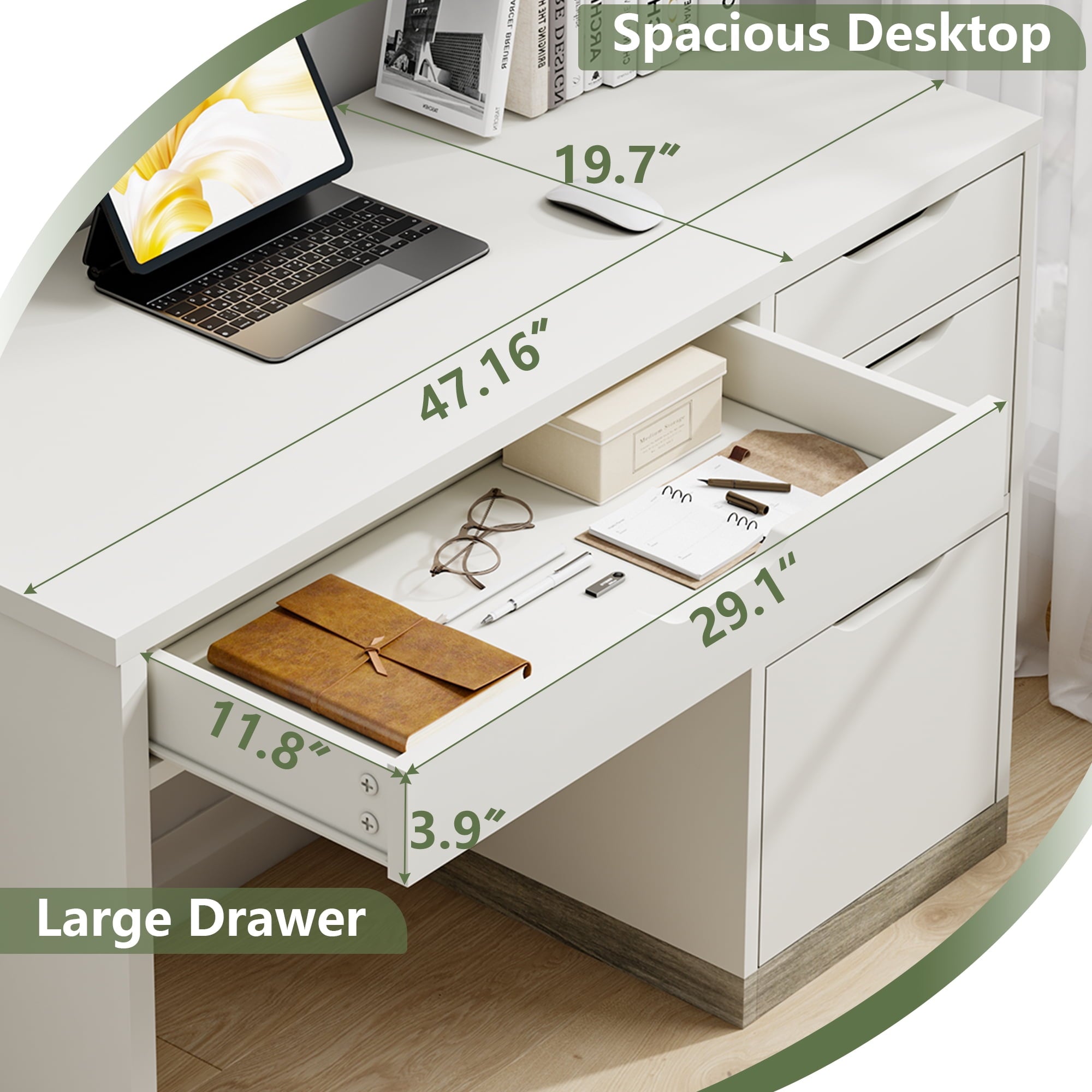 DreamCurship White Desk with Drawers, Modern Computer Desk with File Drawers, Home Office Study Writing Desk with Storage, White
