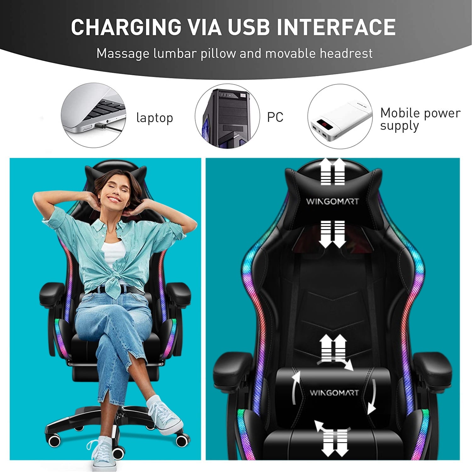 WINGOMART Ergonomic Gaming Chair with Footrest, High Back Faux Leather Gaming Chair With RGB led light and Adjustable Armrest Height Adjustable Swivel