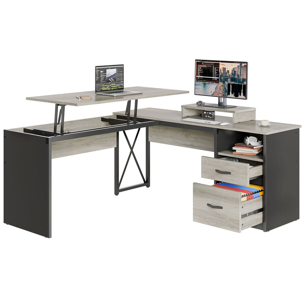Bestier 55.7 inch L-Shaped Lift Top Desk with Storage, Sit to Stand Computer Desk with Monitor Stand & File Drawer in Grey