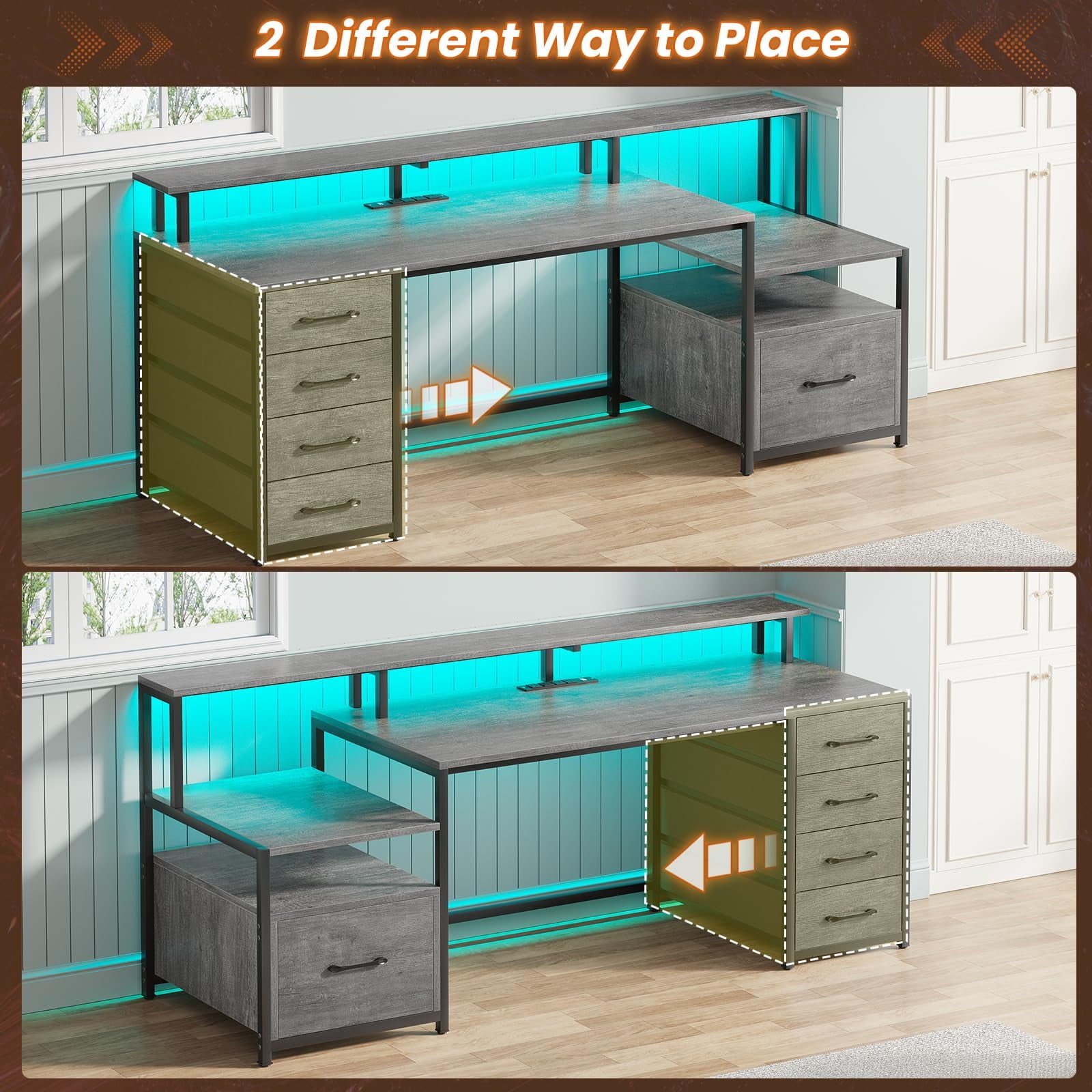 Computer Desk with 5 Drawer and LED Lights, Home Office Desk with Power Outlet, Grey