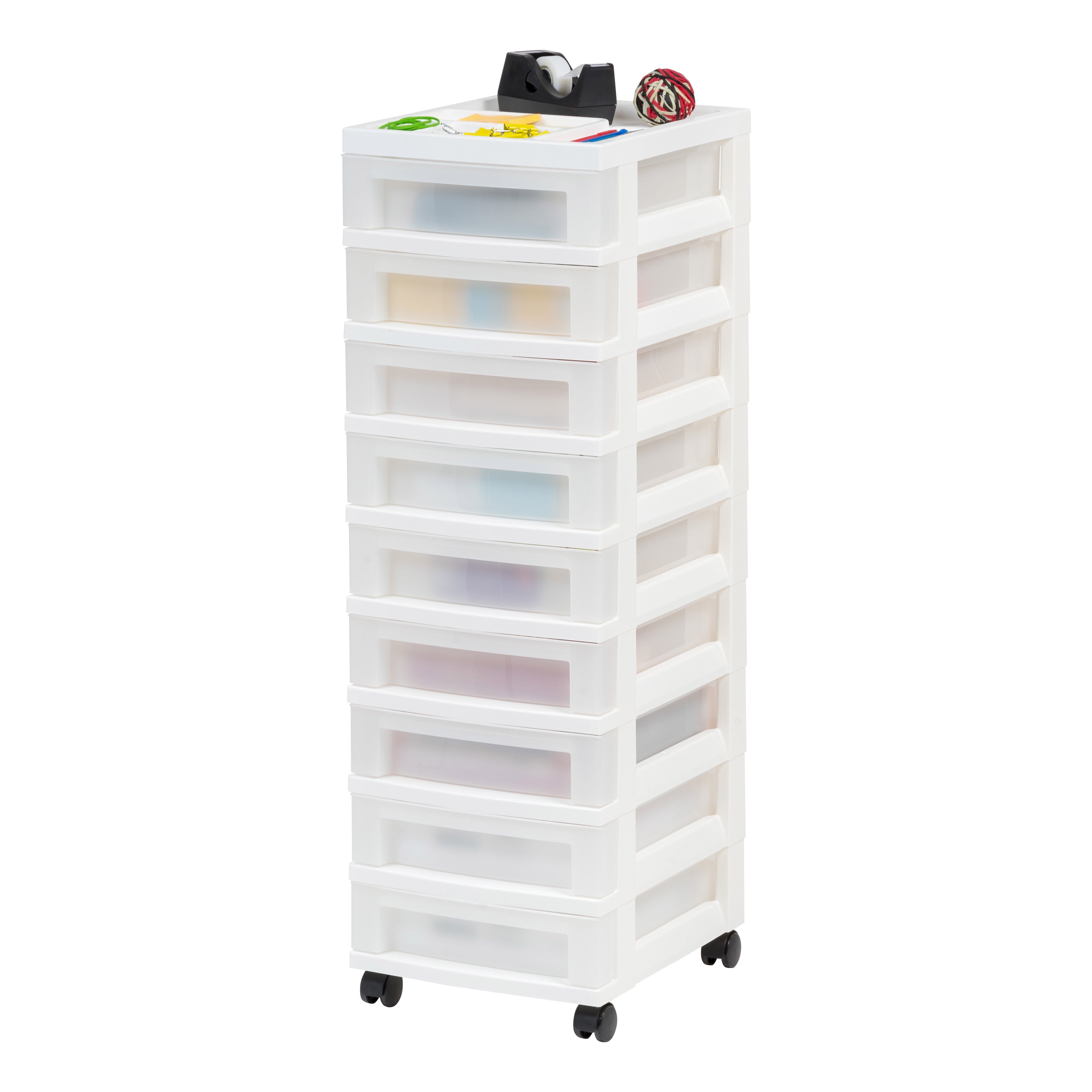 IRIS 9-Drawer Narrow Plastic Storage Drawer Cart with Organizer Top, White