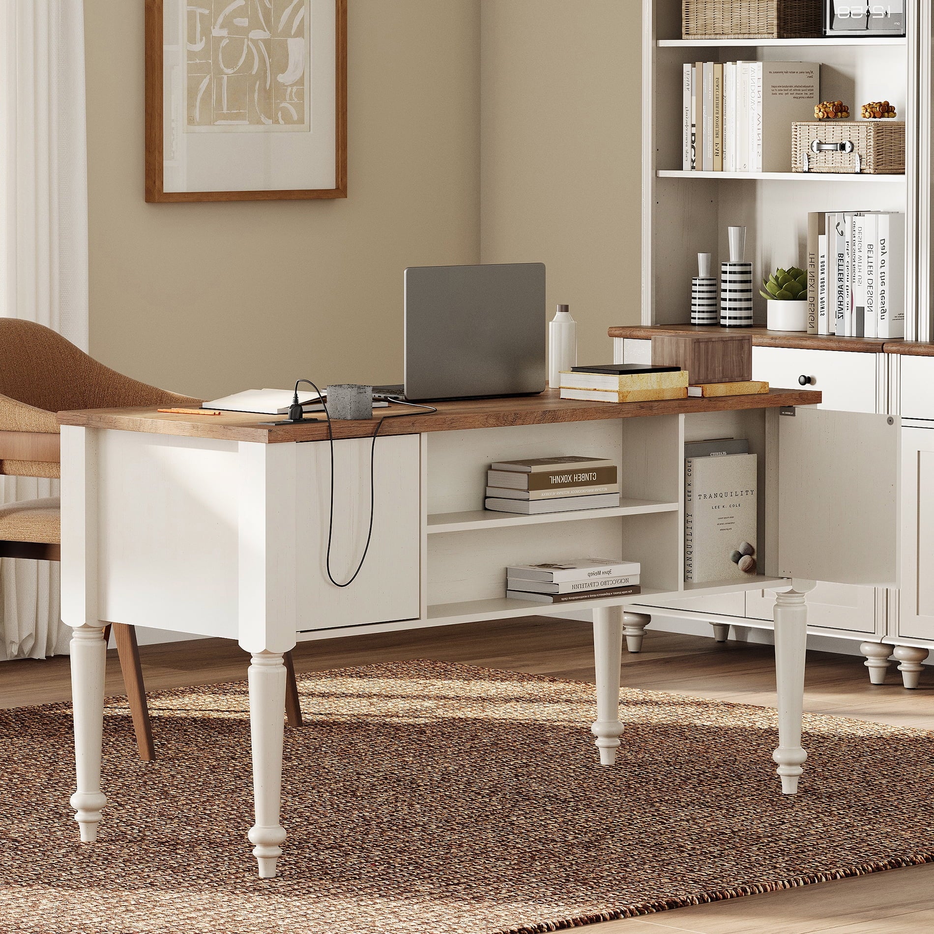 Farmhouse Executive Desk with 5 Drawers, Home Office Desk with Charging Station, Wooden Computer Desk with File Cabinet Storage, Door, Open Shelf for Work and Study, White, 56 inch