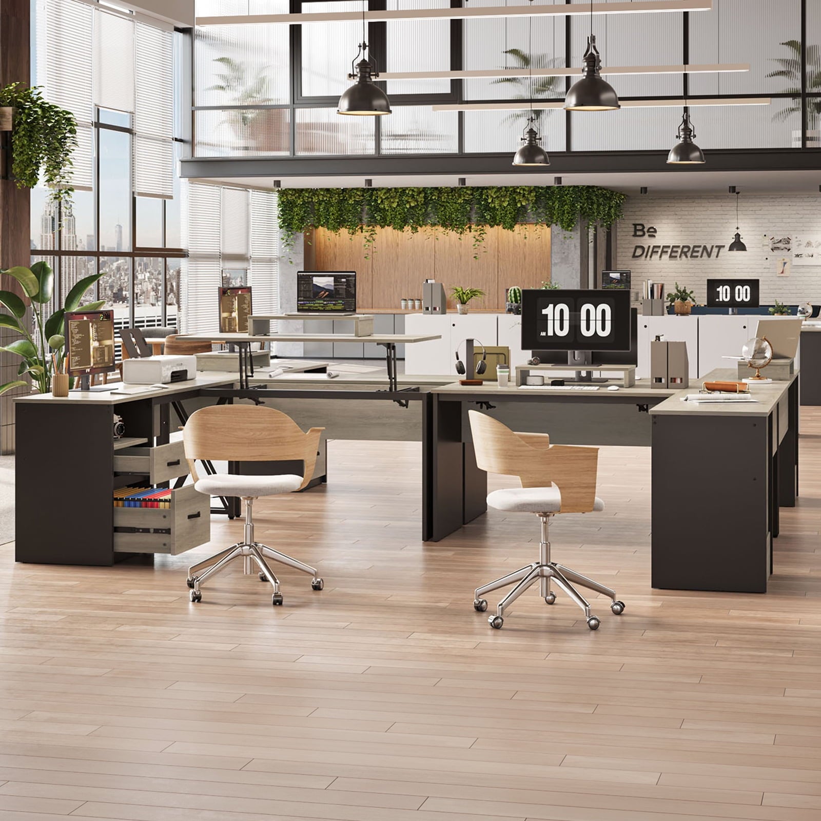 Bestier 55.7 inch L-Shaped Lift Top Desk with Storage, Sit to Stand Computer Desk with Monitor Stand & File Drawer in Grey