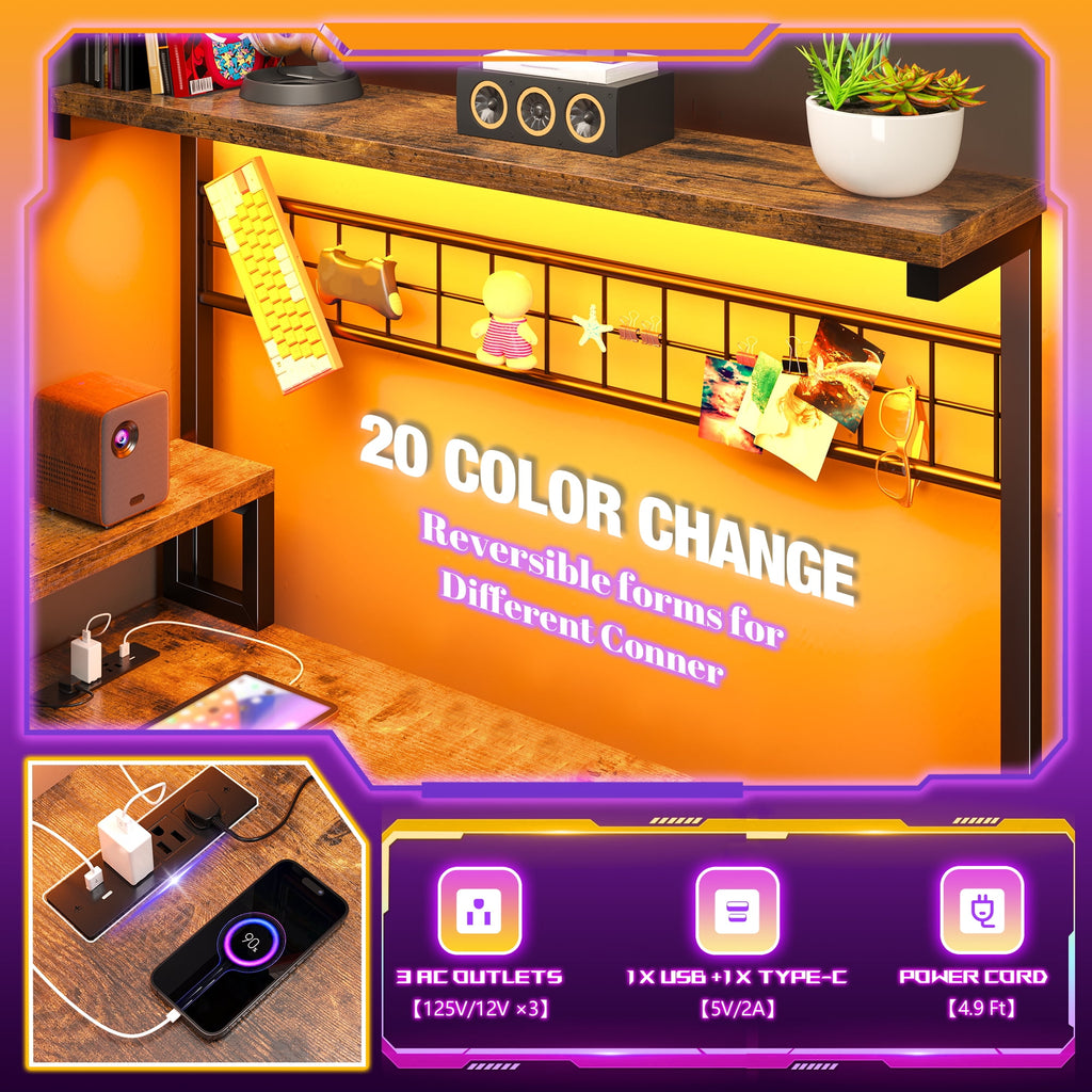 Enhomee L Shaped Computer Desk Reversible Corner Desk with Power Outlet Computer Desk with Led Lights and Storage Shelves, Rustic Brown