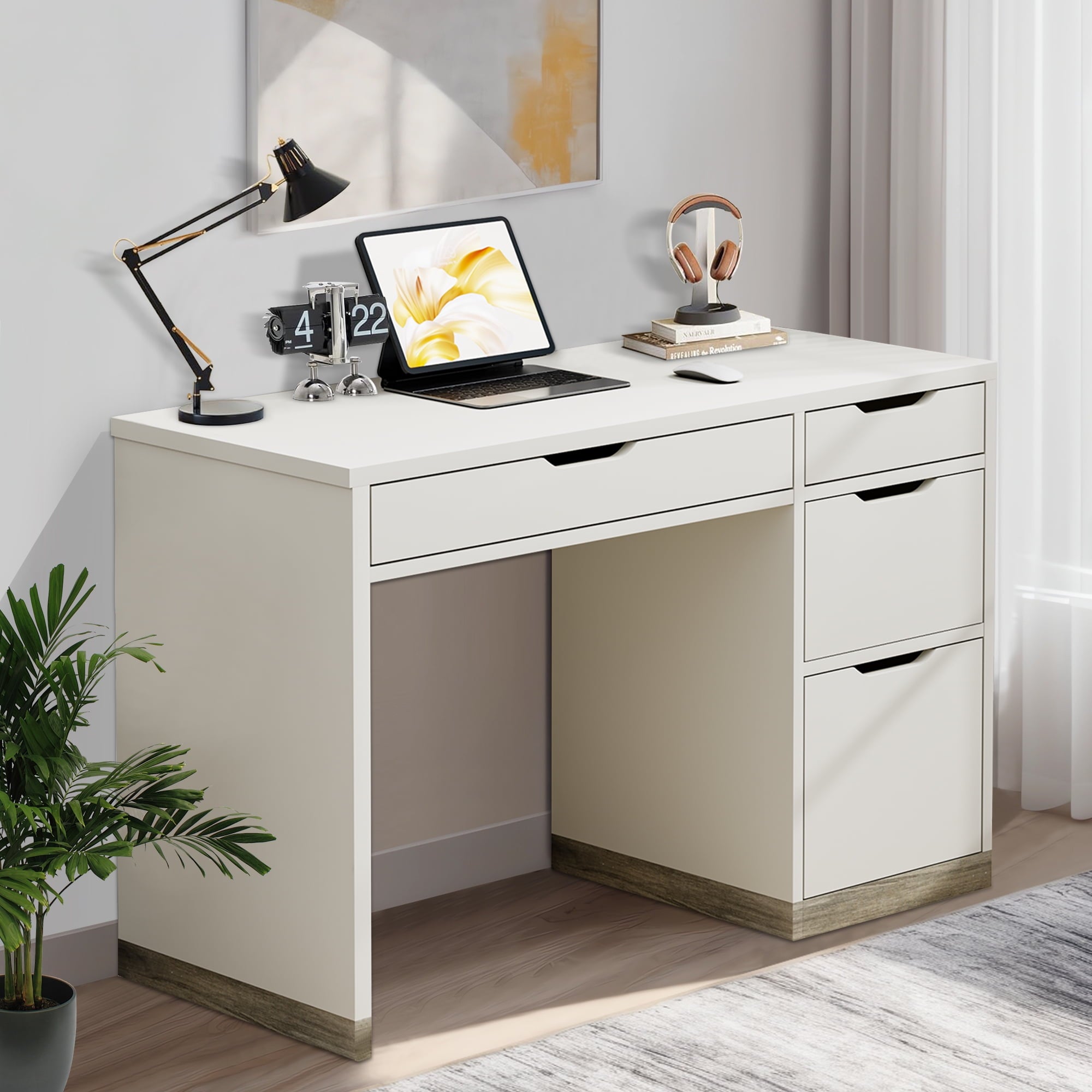 DreamCurship White Desk with Drawers, Modern Computer Desk with File Drawers, Home Office Study Writing Desk with Storage, White