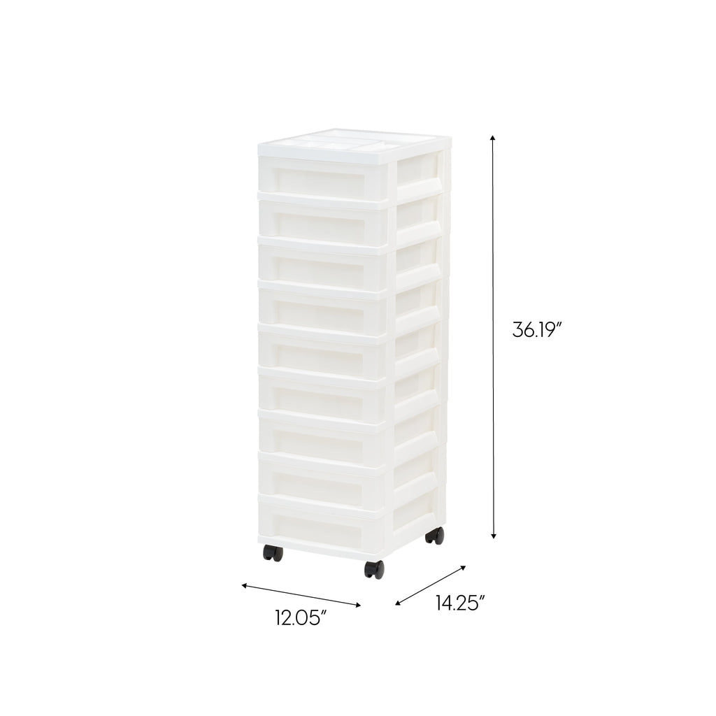 IRIS 9-Drawer Narrow Plastic Storage Drawer Cart with Organizer Top, White