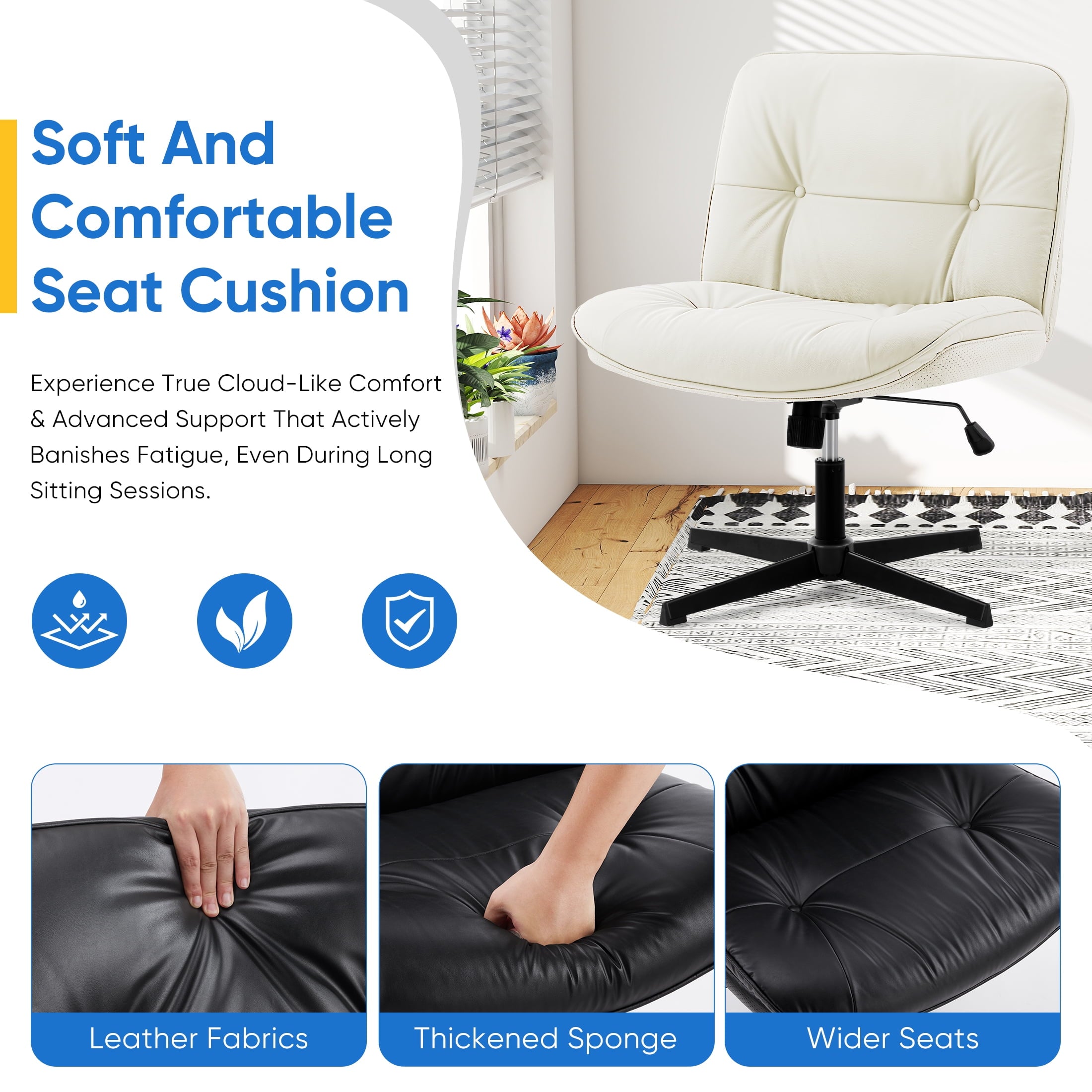 EDX Armless Office Fixed Chair, Wide Ergonomic Artificial Leather Swivel Chair with Height Adjustable, Comfortable Computer Accent Chair for Living or Bed Room, Beige