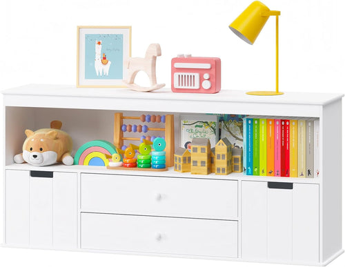 44.5" Toy Storage Organizer with 2 Drawers, Wooden Toy Organizer Bins, Kids Bookshelf for Reading, Storing, Playing, White