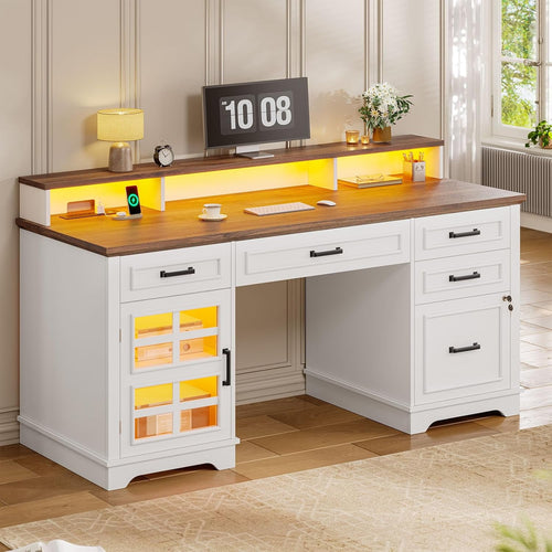 60'' Farmhouse Executive Desk with Drawers, Computer Desk with Power Outlet and LED Lights for Home, Office, White