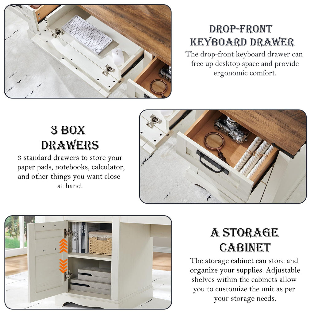 OKD Farmhouse Executive Desk, Rustic Office Desk with Charging Station and Keyboard Tray,Home Workstations with File Drawer, Storage Cabinet,Wood Computer Writing Desk, Antique White