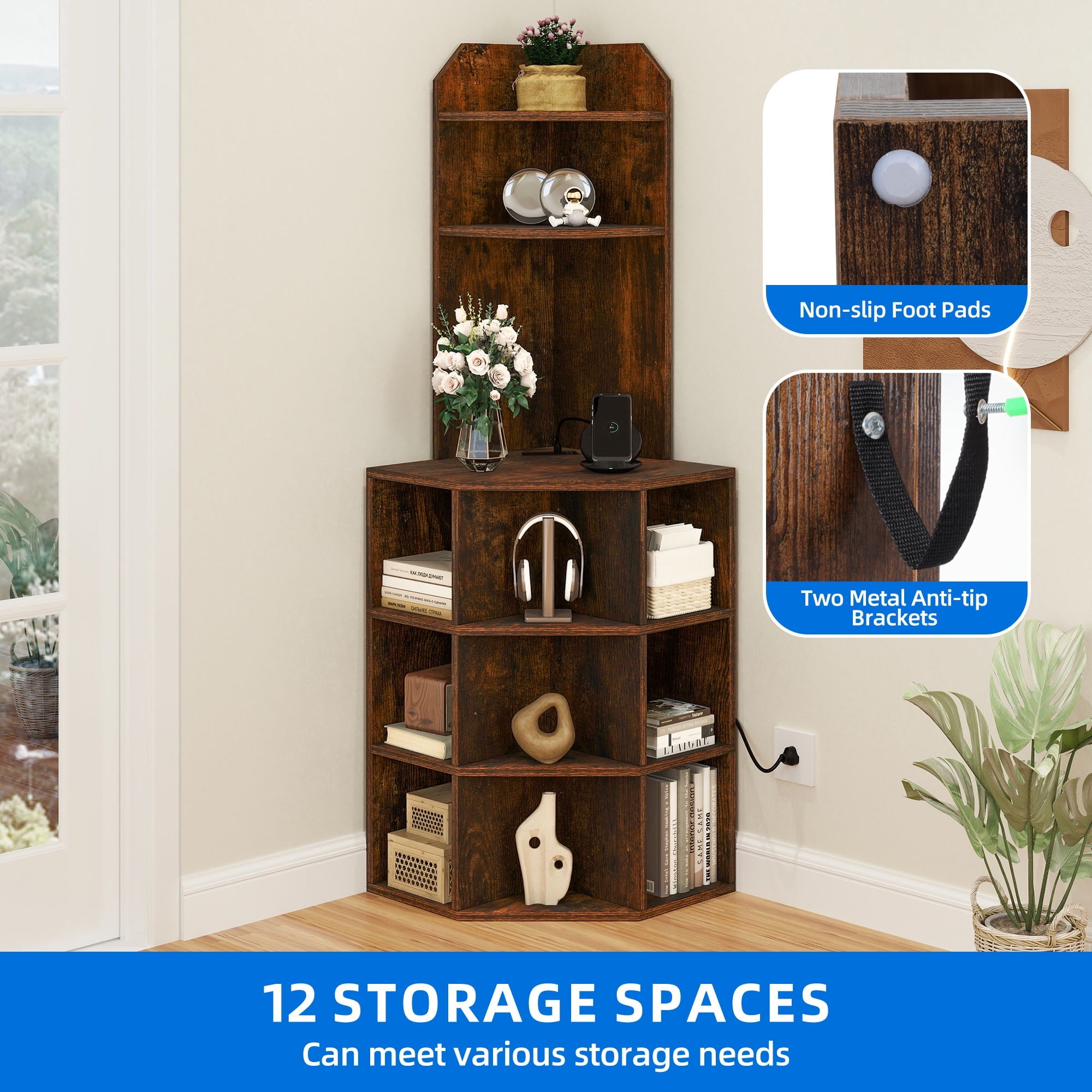 Dextrus 5-Tier Corner Shelf with USB Ports and Outlets, Corner Bookshelf Bookcase Display Shelves Rack Storage Corner Bar Cabinet for Living Room, Home Office, Kitchen, Brown