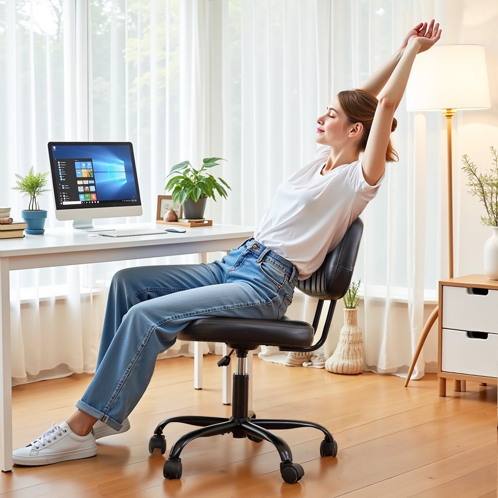 Cute Task Chair, Adjustable Armless Activity Chair with Wheels, Comfy Low Back Swivel Desk Chair, Black