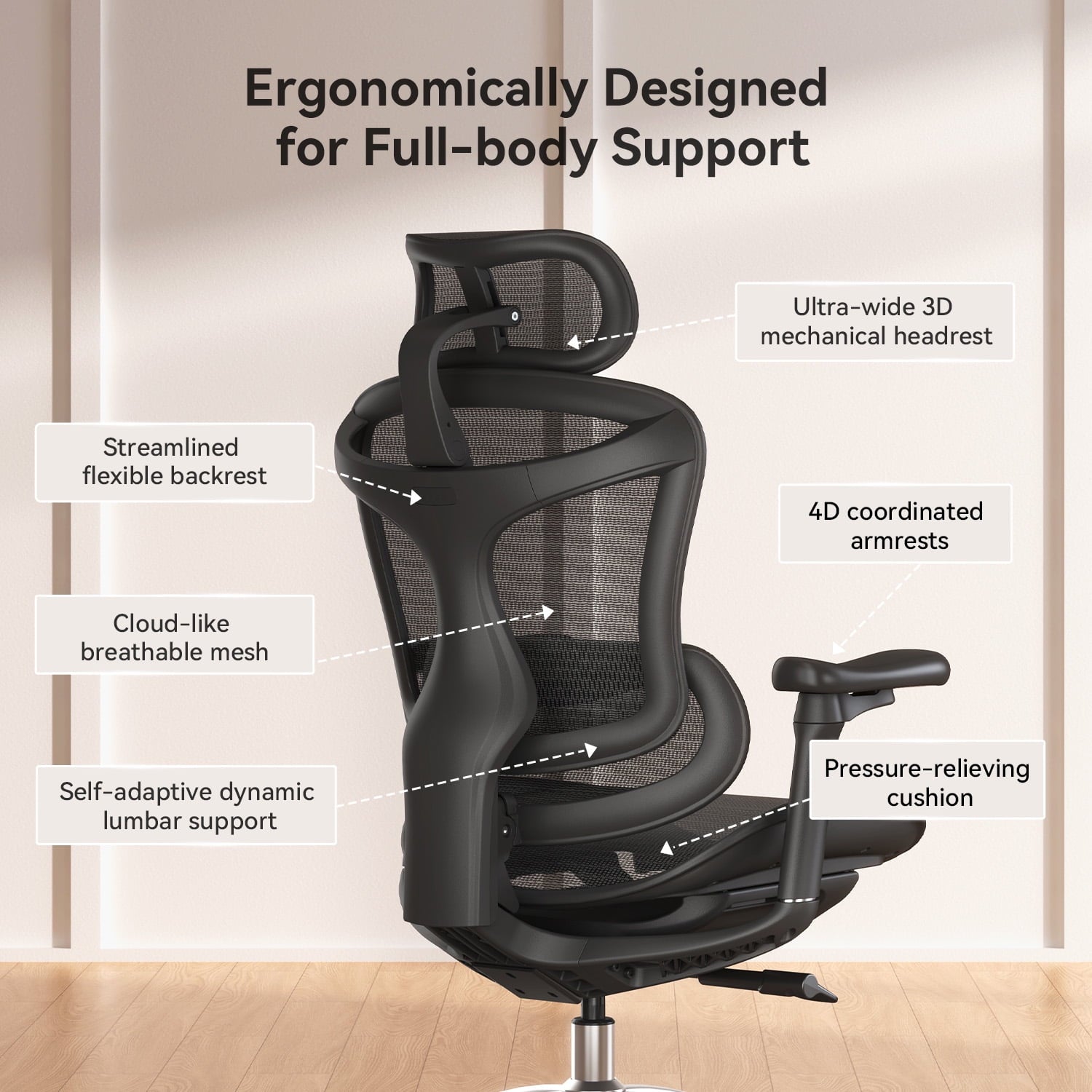 SIHOO Doro C300 Ergonomic Office Chair with Ultra Soft 3D Armrests, High-Back Computer Desk Chair, Big and Tall Mesh Chair for Adult - Black - 300lbs
