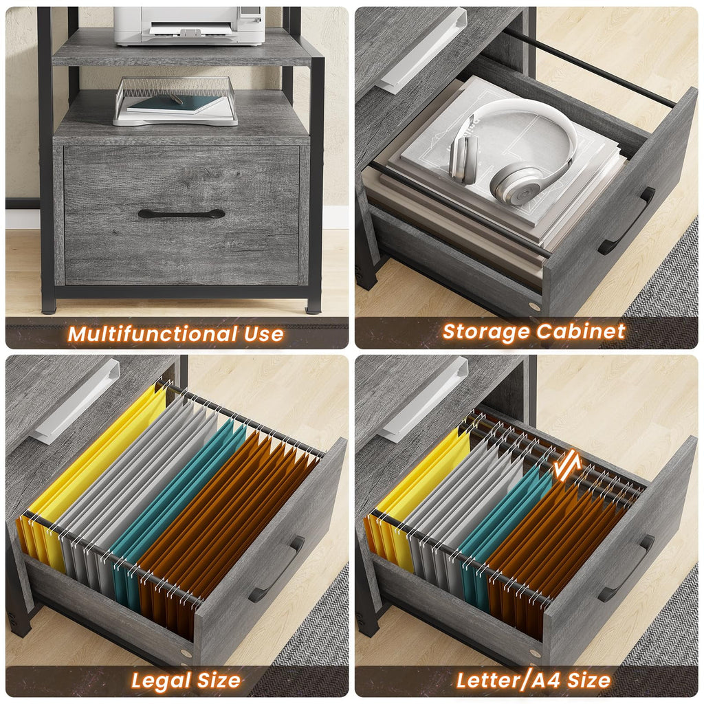 Computer Desk with 5 Drawer and LED Lights, Home Office Desk with Power Outlet, Grey