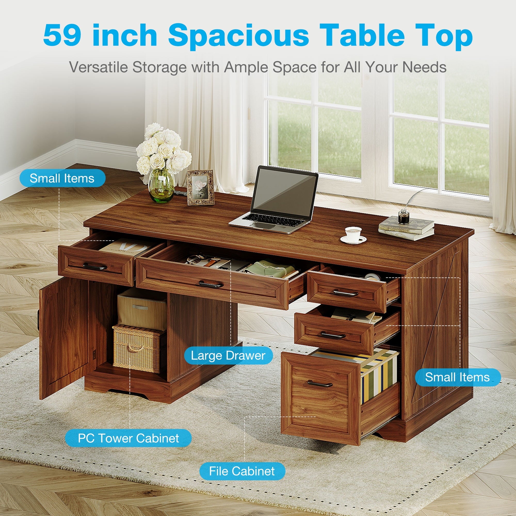 Casacomoda Home Office Desk with File Cabinet and Drawers, 59" Executive Desk with USB Power Outlet, Storage Cabinet for CPU, Workstation Table for Study, Rich Cherry