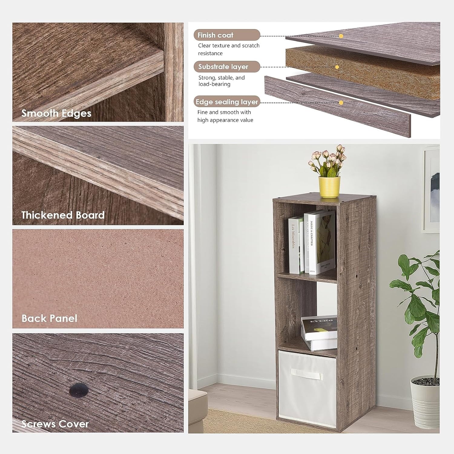 VibrantEcho E-Commerce US 3-Tier Open Storage Shelf, Espresso Modern Cubby Organizer or Bookcase Cabinet for Living Room Bedroom Office Dorm Room Kids Room, Rustic Brown Oak