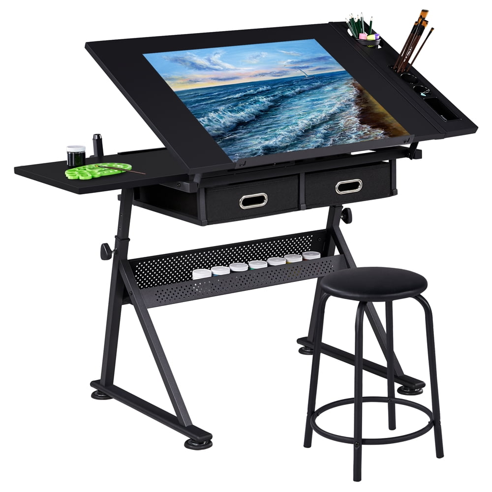 Alden Design Adjustable Drafting Table with Stool, Black
