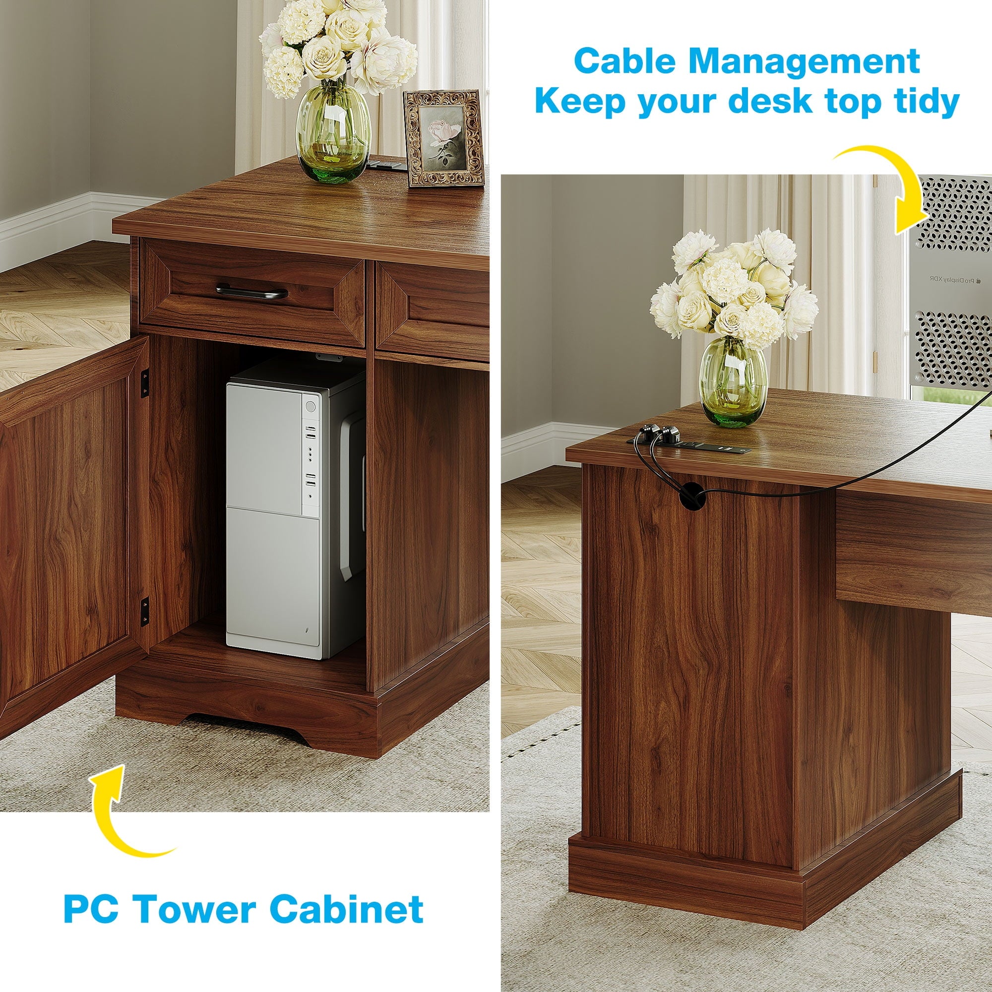 Casacomoda Home Office Desk with File Cabinet and Drawers, 59" Executive Desk with USB Power Outlet, Storage Cabinet for CPU, Workstation Table for Study, Rich Cherry