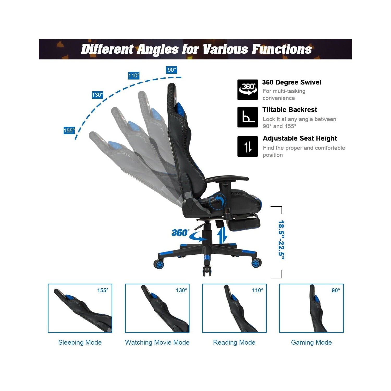 WINGOMART Ergonomic Gaming Chair with Footrest, High Back Faux Leather Gaming Chair With RGB led light and Adjustable Armrest Height Adjustable Swivel
