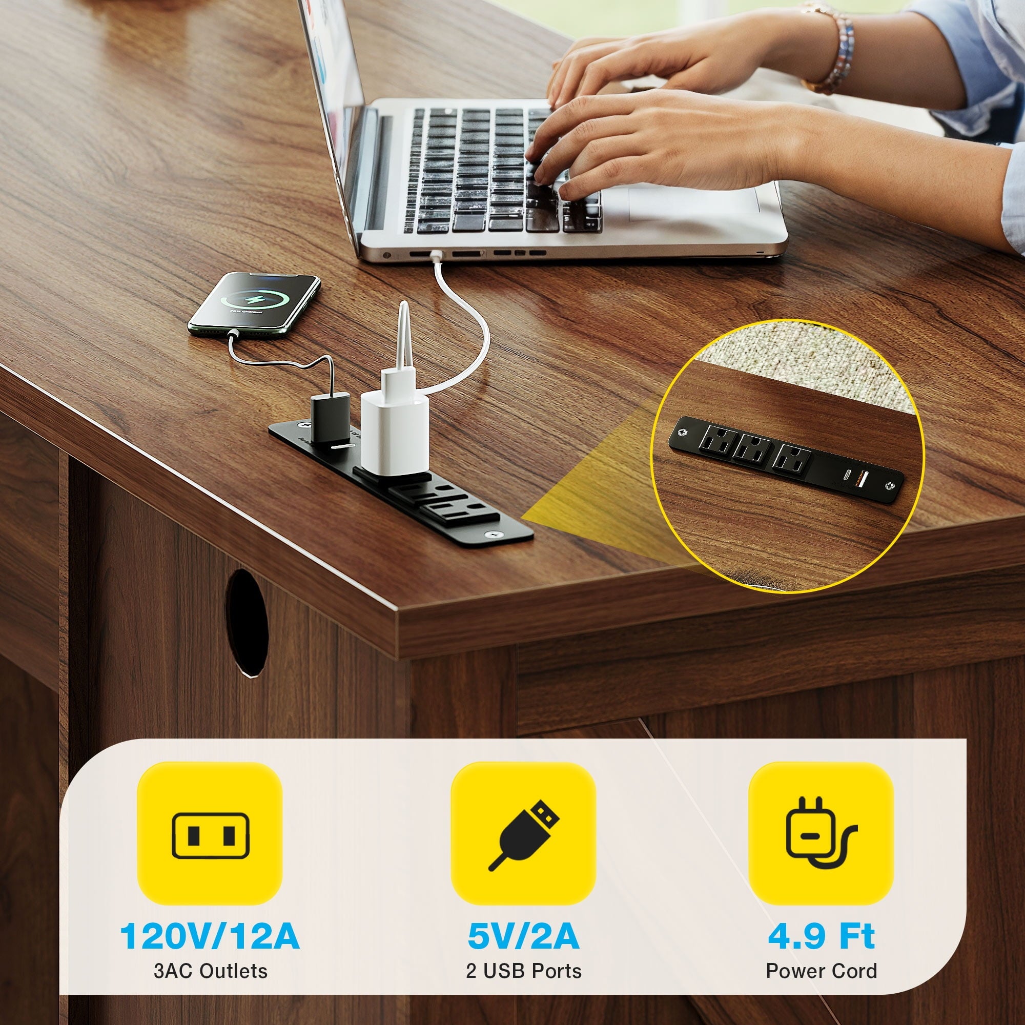 Casacomoda Home Office Desk with File Cabinet and Drawers, 59" Executive Desk with USB Power Outlet, Storage Cabinet for CPU, Workstation Table for Study, Rich Cherry