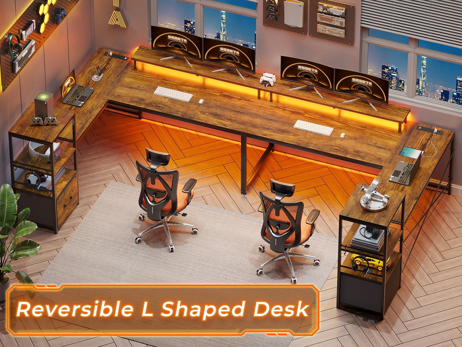 L Shaped Desk with Power Outlets and LED Lights, Reversible Computer Desk with Fabric File Drawer, Rustic Brown