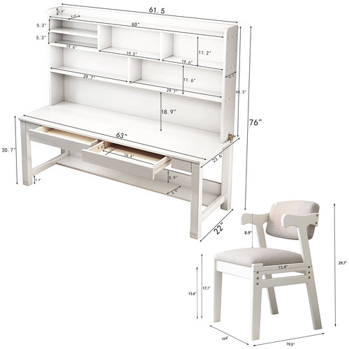 BALANBO Solid Wood Kids Desk and Chair Set with Hutch,Study Computer Desk with Drawers, Extra Large Two Person Study Desk Writing Table, Student White Desk with Bookshelf for Bedroom,Study Room,White