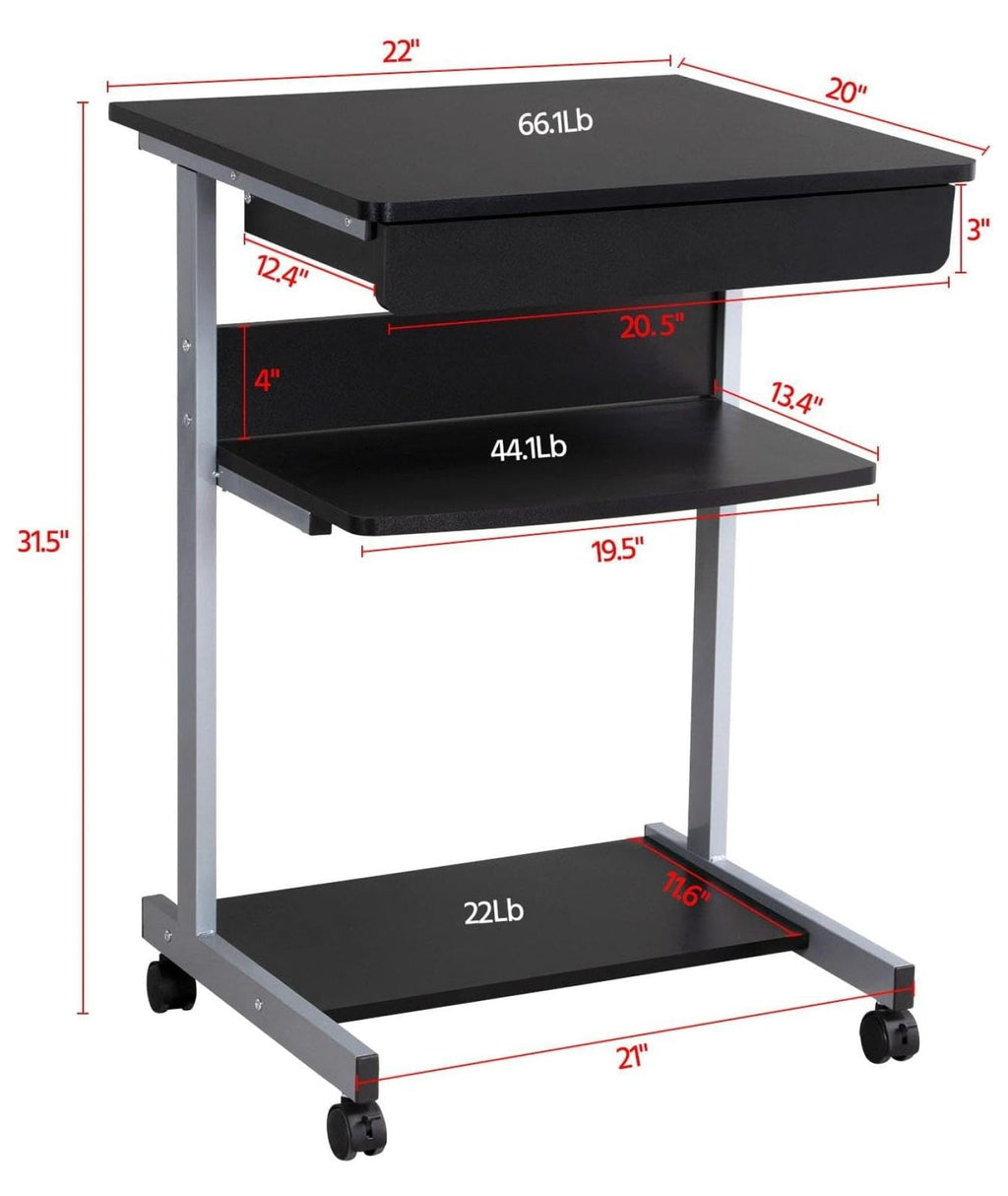 saney Mobile Compact Computer Desk Cart for Small Spaces, Work Workstation, Writing Desk Table with Drawers and Printer Shelf on Wheels