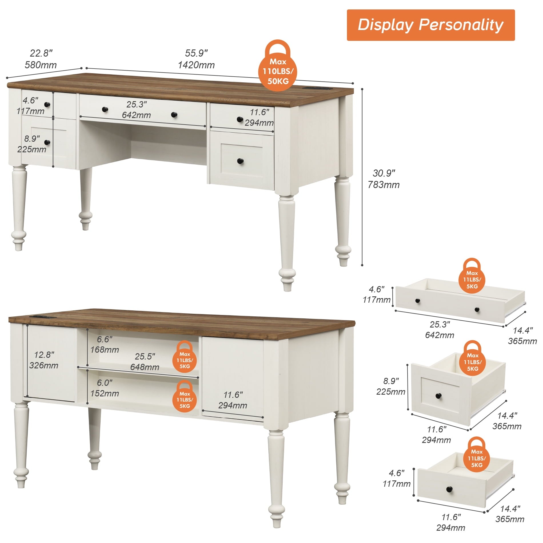 Farmhouse Executive Desk with 5 Drawers, Home Office Desk with Charging Station, Wooden Computer Desk with File Cabinet Storage, Door, Open Shelf for Work and Study, White, 56 inch