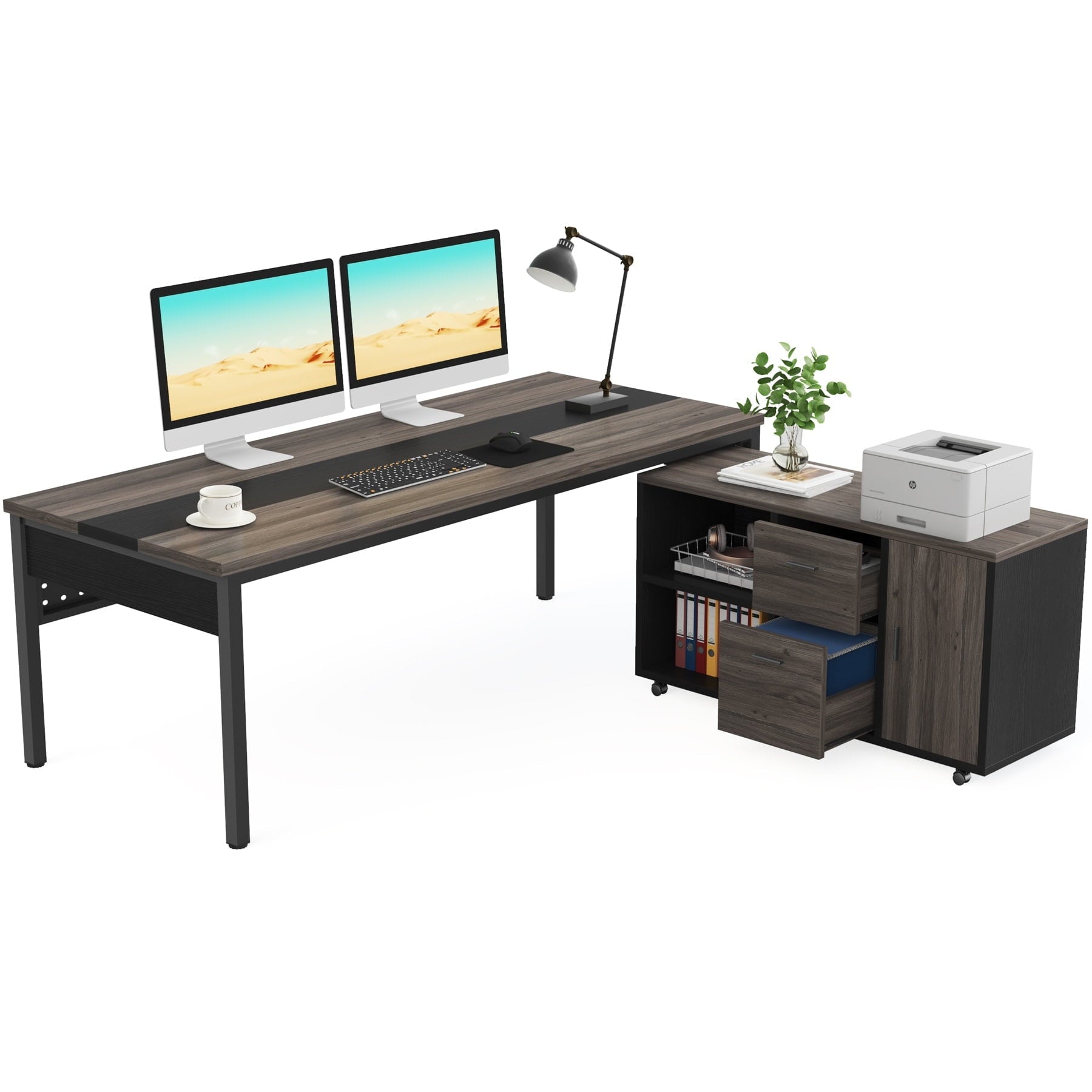 1Easylife Modern Executive Desk, 70.8'' Computer Desk with 47 inch Lateral File Cabinet for Home Office Gray and Black