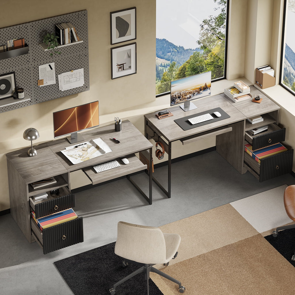 Bestier 55 Inch Office Desk with Drawers, Keyboard Tray, 2 Hooks, Modern Fluted Computer Desk for Home, Grey