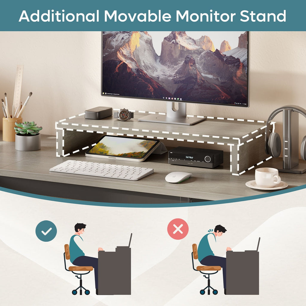 Bestier 55.7 inch L-Shaped Lift Top Desk with Storage, Sit to Stand Computer Desk with Monitor Stand & File Drawer in Grey