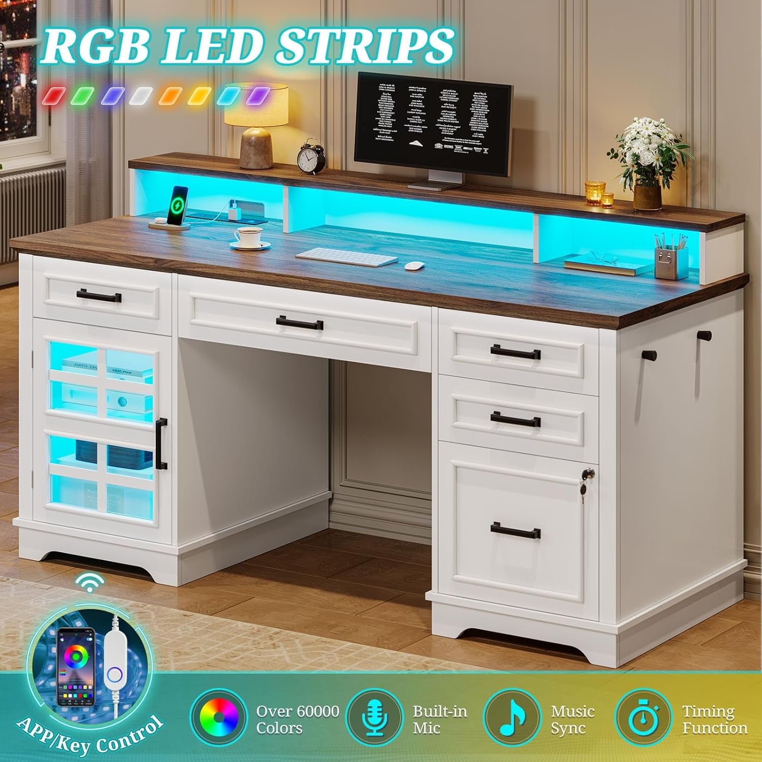 60'' Farmhouse Executive Desk with Drawers, Computer Desk with Power Outlet and LED Lights for Home, Office, White