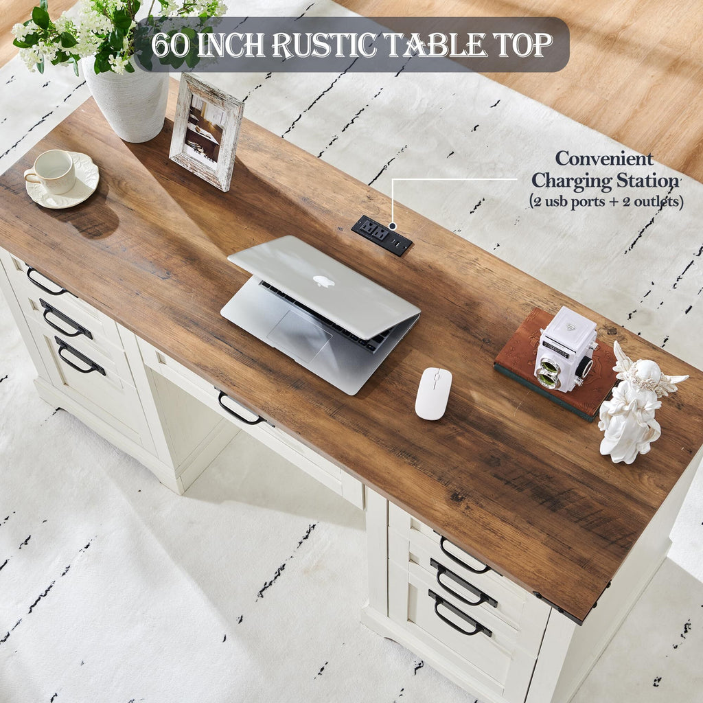 OKD Farmhouse Executive Desk, Rustic Office Desk with Charging Station and Keyboard Tray,Home Workstations with File Drawer, Storage Cabinet,Wood Computer Writing Desk, Antique White