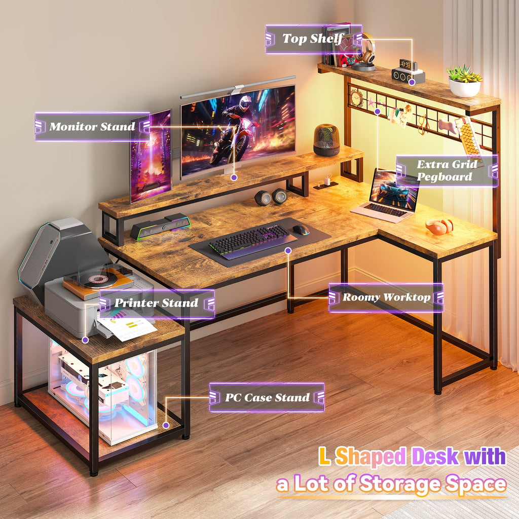 Enhomee L Shaped Computer Desk Reversible Corner Desk with Power Outlet Computer Desk with Led Lights and Storage Shelves, Rustic Brown
