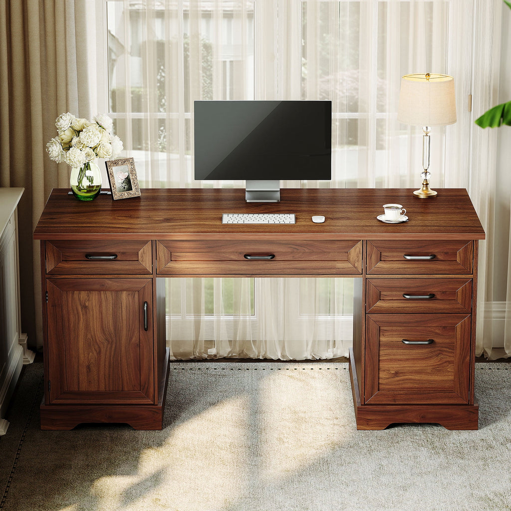 Casacomoda Home Office Desk with File Cabinet and Drawers, 59" Executive Desk with USB Power Outlet, Storage Cabinet for CPU, Workstation Table for Study, Rich Cherry