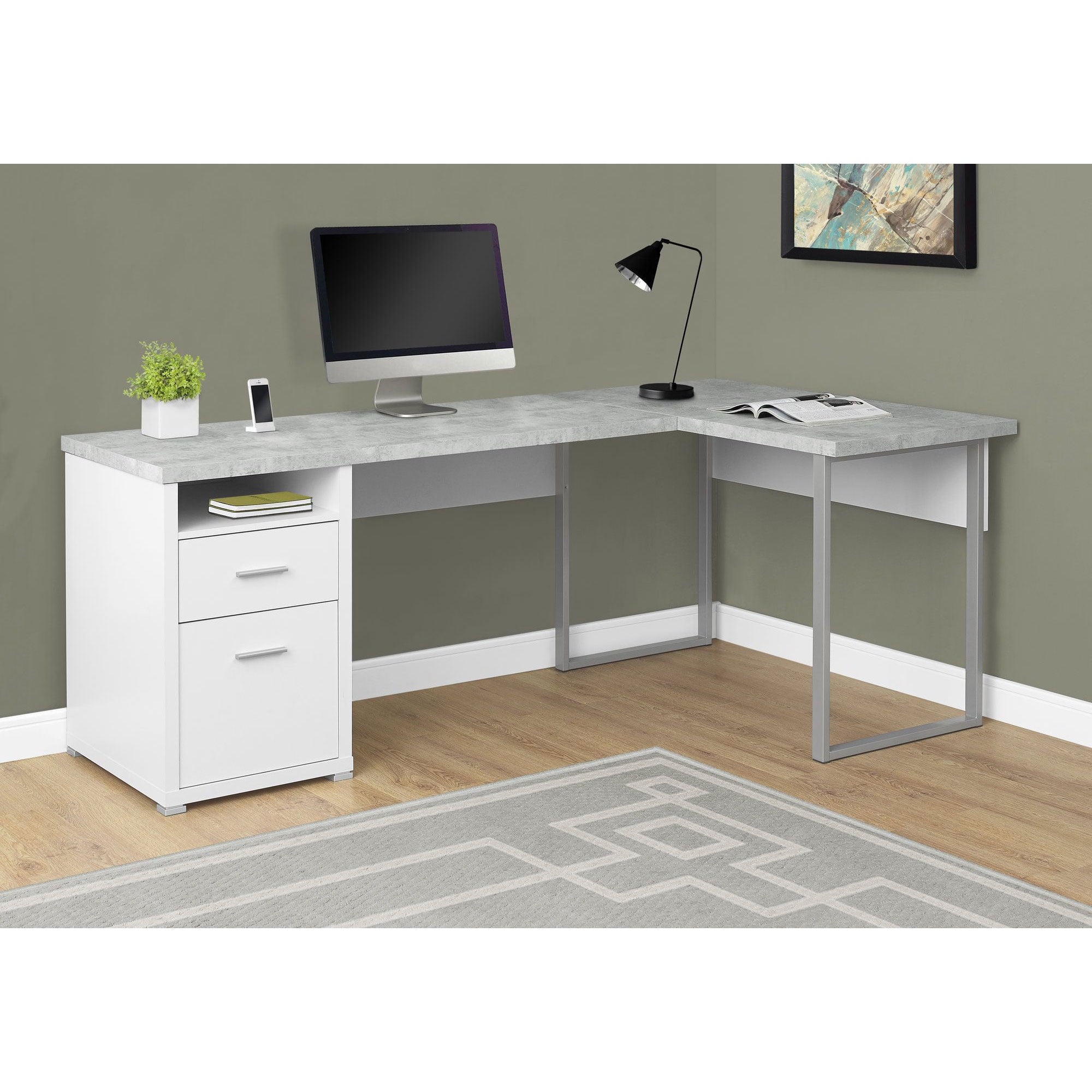 Computer Desk Home Office Corner 80"L L Shape Work Laptop Metal Grey White