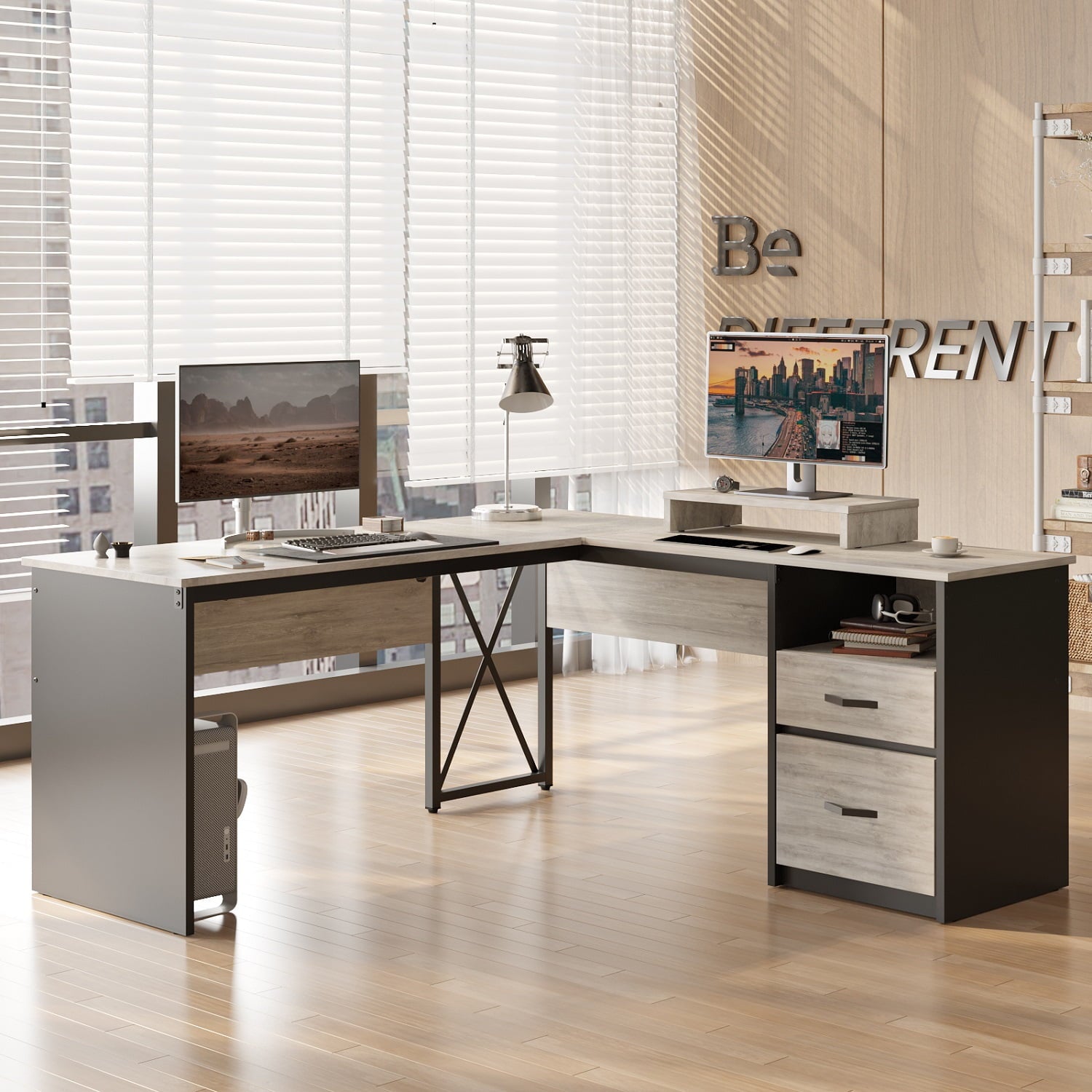 Bestier 55.7 inch L-Shaped Lift Top Desk with Storage, Sit to Stand Computer Desk with Monitor Stand & File Drawer in Grey