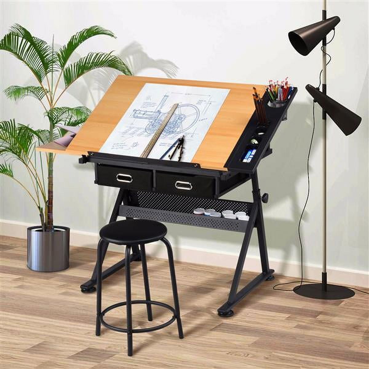 Alden Design Adjustable Drafting Table with Stool, Black
