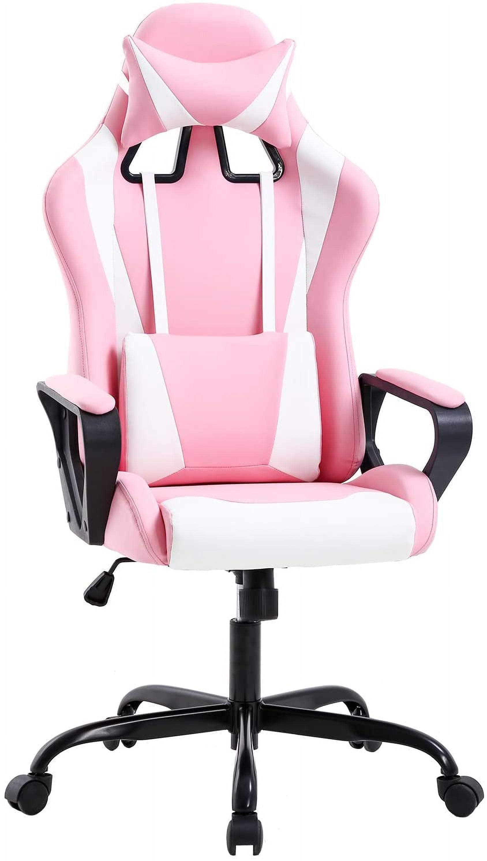 BestOffice Racing Gaming Chair w/Adjustable Lumbar Pillow & Reclining Backrest, White