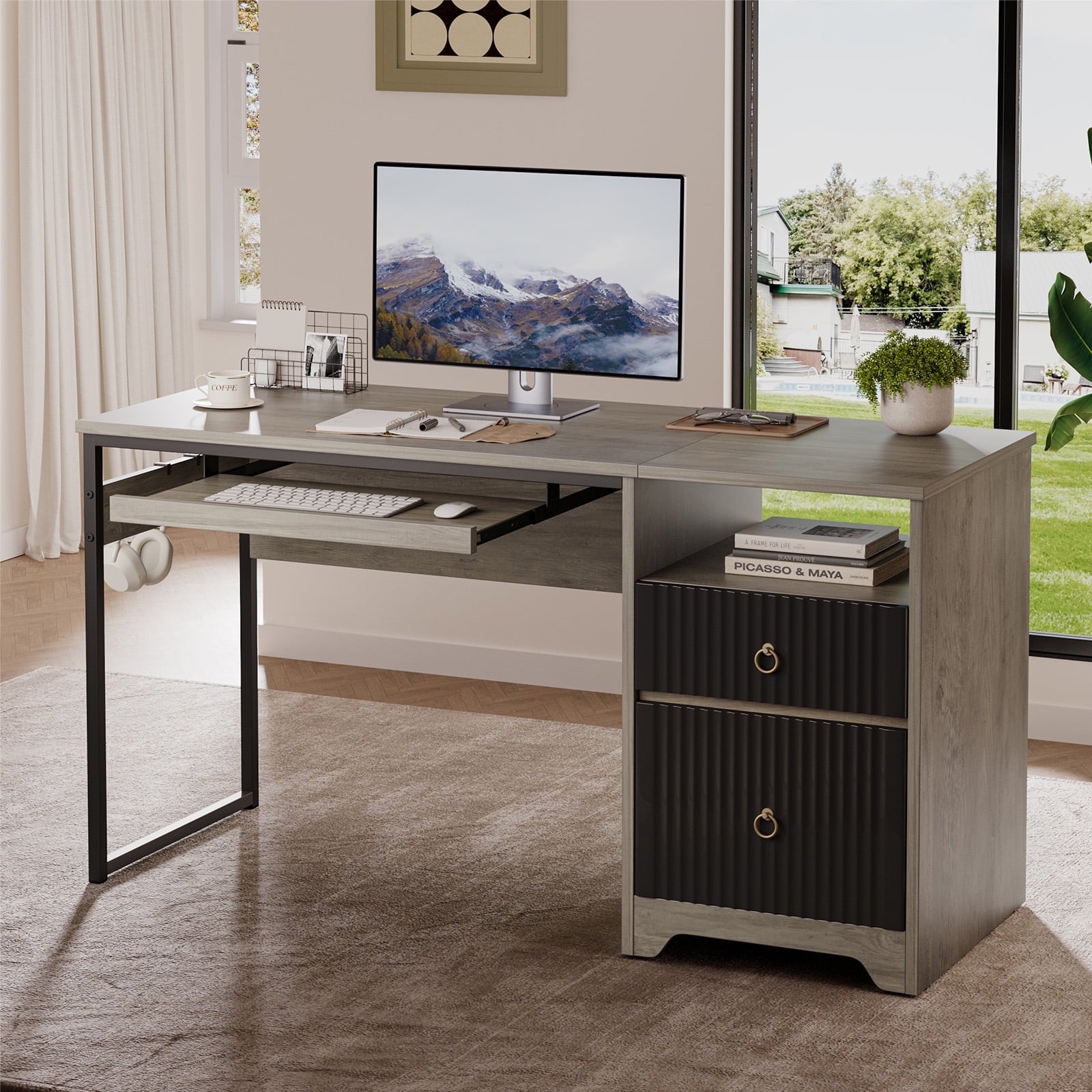 Bestier 55 Inch Office Desk with Drawers, Keyboard Tray, 2 Hooks, Modern Fluted Computer Desk for Home, Grey
